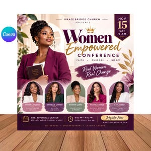 Op de afbeelding: Een promotieflyer voor de Women Empowered Conference van de Gracz Bridge Church op 15 november om 9 uur. Het ontwerp bevat een centrale afbeelding van een persoon in een paarse blazer, vijf ronde portretten van sprekers en tekst waaronder Faith, Purpose, Impact en Real Women Real Change.