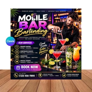 May include: A promotional flyer for mobile bar bartending services featuring text that reads Mobile Bar Bartending, Our Services, and Book Now. The design includes images of a bartender pouring a red cocktail, lime slices, and mixed drinks.