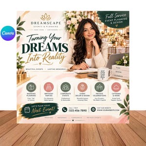Op de afbeelding: Een promotieflyer voor Dreamscape Events & Planning met de tekst Turning Your Dreams Into Reality. Het bevat iconen voor bruiloftsplanning, verjaardagsfeestjes, bedrijfsevenementen, eventdecoratie en catering met contactgegevens.