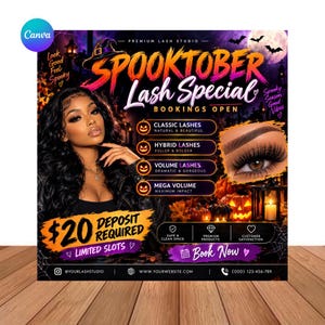 Può includere: Un volantino promozionale per uno studio di ciglia con il testo Spooktober Lash Special, Bookings Open e $20 Deposit Required. Il design include una persona con lunghi capelli scuri, un primo piano di ciglia, zucche e una luna piena.