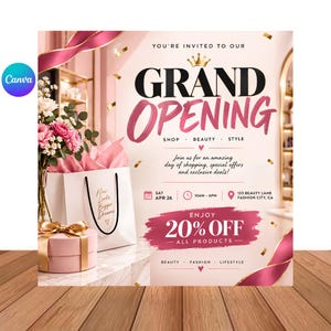 Może przedstawiać: Ulotka z okazji wielkiego otwarcia w kolorach różowym i białym ze złotymi akcentami. Tekst zawiera "GRAND OPENING", "SHOP BEAUTY STYLE", "SAT APR 26", "10AM-6PM", "123 BEAUTY LANE FASHION CITY, CA" oraz "ENJOY 20% OFF ALL PRODUCTS".