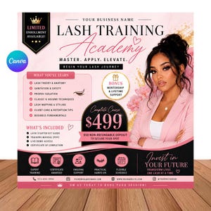 May include: A promotional flyer for a lash training academy featuring a pink and black color scheme. Text includes Lash Training Academy, Master. Apply. Elevate., What You'll Learn, What's Included, and a $499 course price with a bonus mentorship offer.