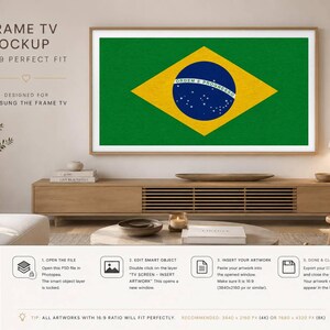 Puede incluir: Una plantilla de maqueta digital para un televisor Samsung Frame que muestra la bandera brasileña verde, amarilla y azul en la pantalla. La imagen incluye texto instructivo para editar el archivo en Photopea, detallando pasos para insertar arte en 16:9.