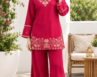 Ensemble coordonné en coton brodé pour femme, kurta et pantalon palazzo indiens, tunique brodée de fleurs, style bohème, cadeau pour elle