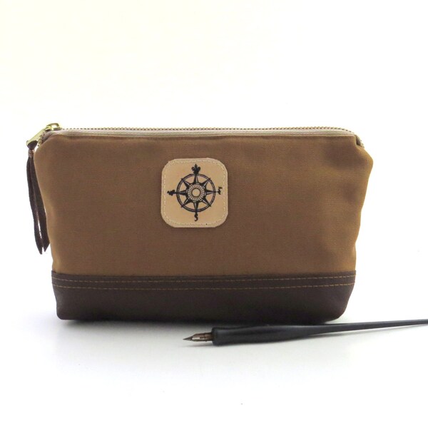Brown canvas pouch, canvas leather bag, brown zipper bag, artists pencil bag,  brown pencil case, travel pouch, storage bag, leather pouch