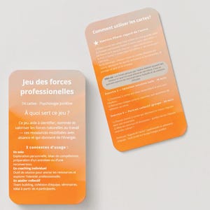 Może przedstawiać: Dwie prostokątne karty z zaokrąglonymi rogami, pomarańczowym tłem z gradientem i białym tekstem. Lewa karta nosi tytuł Jeu des forces professionnelles i wymienia 24 cartes, natomiast prawa karta nosi tytuł Comment utiliser les cartes?