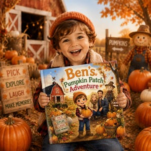 May include: A hardcover children's book titled Ben's Pumpkin Patch Adventure featuring an illustration of a young child, a family, and a scarecrow in front of a red barn. The cover art includes pumpkins, autumn leaves, and the text Pick Explore Laugh Make Memories.