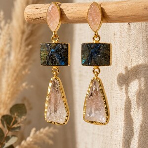 Rose Quartz Labradorite Crystal Quartz Raw Gemstones Brass Earrings | Handmade Statement Earrings | Boho Gemstone Jewelry Gift for Her