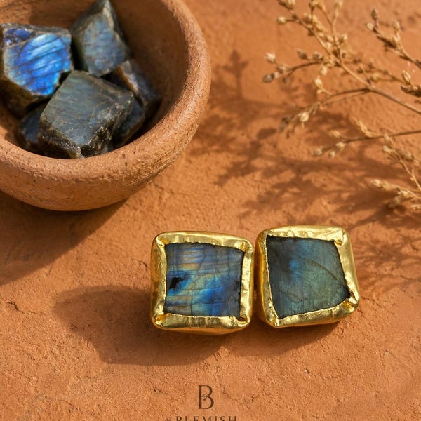 Raw Labradorite Stud Earrings, Brass Statement Earrings, Blue Flash Gemstone Studs, Minimalist Jewelry, Artisan Gift for Women