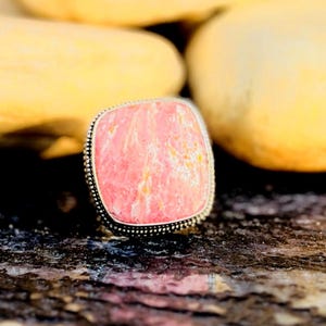 925 Sterling Silver Rhodochrosite Ring, Pink Cushion Cabochon, Vintage Boho Statement Jewelry