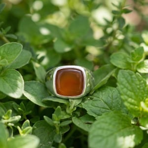 May include: A silver ring featuring a smooth, square-shaped, polished orange carnelian gemstone set in the center. The band is made of a solid, reflective silver metal that curves around the finger, showcasing a clean and simple design.