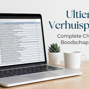 Puede incluir: Una pantalla de portátil que muestra una hoja de cálculo titulada Ultieme Verhuisplanner, Complete Checklist & Boodschappenlijst. La pantalla muestra filas de datos en formato de cuadrícula. Una pequeña suculenta y una taza blanca al lado.