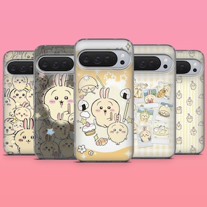 May include: Five smartphone cases arranged in a row, each featuring a clear back with various cartoon rabbit illustrations. The designs include patterns of small bunnies, polaroid-style photos of rabbits, and yellow-toned backgrounds with food items.