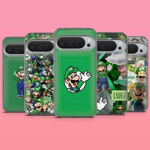 May include: Five smartphone cases featuring various designs of the character Luigi. The designs include a solid green case with a central Luigi icon, a collage of Luigi images, and other graphic patterns incorporating the name Luigi and green tones.