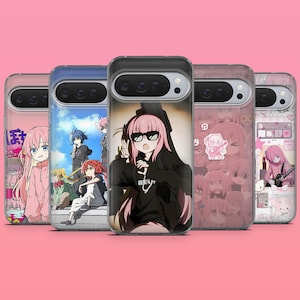 May include: Five smartphone cases featuring anime-style character illustrations. The designs include pink-haired characters in various outfits, a group scene under a blue sky, and a character wearing black sunglasses and a black hoodie with white text.
