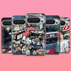 May include: A collection of five clear smartphone cases featuring graphic collages from the anime Initial D. The designs include illustrations of characters, white and blue sports cars, the text Initial D, and Japanese characters.
