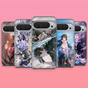 May include: Five smartphone cases arranged in a row, each featuring distinct anime-style character illustrations. The designs include colorful scenes with various figures, detailed artwork, and vibrant color palettes, all encased in clear protective shells.