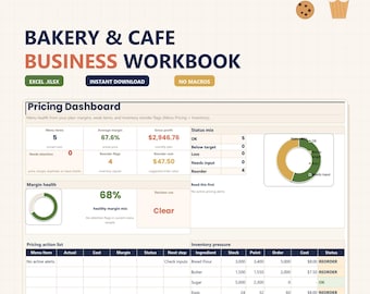 Hoja de cálculo PREMIUM para negocios de panadería / Control de costos de recetas, precios de menú, inventario, pedidos y contabilidad / Libro de trabajo de Excel para cafeterías