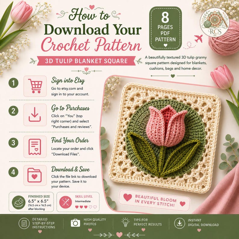 May include: An instructional graphic for a 3D tulip blanket square crochet pattern. It includes a numbered guide for downloading files from Etsy, a finished size of 16.5 cm by 16.5 cm, and a photo of a cream, green, and pink tulip square.