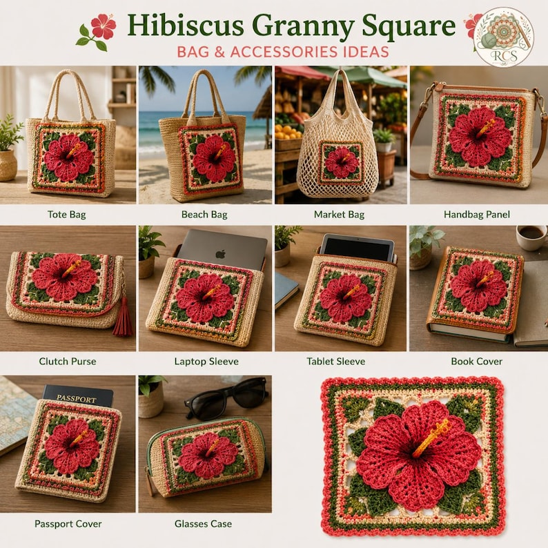 May include: A collection of crochet items featuring a Hibiscus Granny Square design, including a tote bag, beach bag, market bag, handbag panel, clutch purse, laptop sleeve, tablet sleeve, book cover, passport cover, and glasses case.