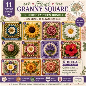 Könnte beinhalten: Ein digitales Häkelmuster-Paket mit 11 floralen Granny-Square-Designs, darunter Sonnenblume, Rose, Gänseblümchen, Tulpe und Hibiskus. Das Dokument enthält 5 PDF-Dateien mit insgesamt 99 Seiten und fertigen Größen von 20 bis 33 cm.