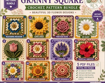 11 Floral Granny Square Crochet Patterns | 3D Flower Afghan Blocks (PDF Download)