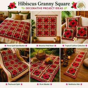 May include: A collection of crochet items featuring a Hibiscus Granny Square pattern. The set includes a quilt-style blanket, a wall panel, three cushions, a picnic blanket, and a meditation mat, all displaying red hibiscus flowers on green.