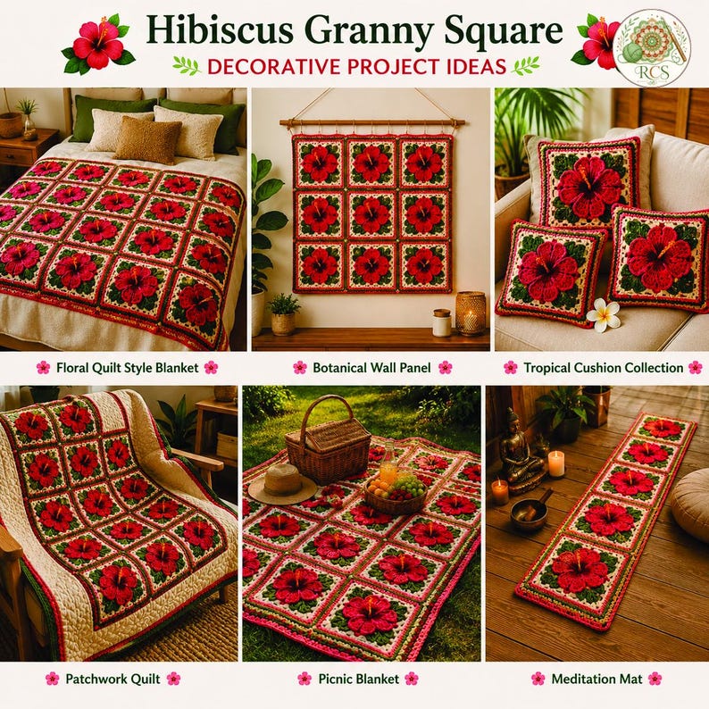 May include: A collection of crochet items featuring a Hibiscus Granny Square pattern. The set includes a quilt-style blanket, a wall panel, three cushions, a picnic blanket, and a meditation mat, all displaying red hibiscus flowers on green.