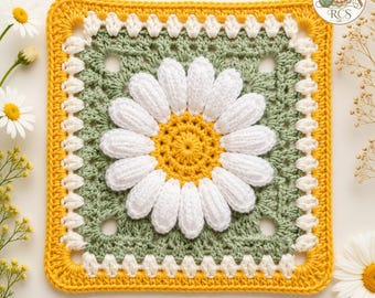 3D Daisy Granny Square Crochet Pattern | Floral Afghan Block Motif (PDF Download)