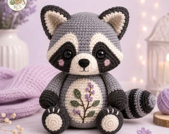 Botanical Lavender Raccoon Amigurumi Crochet Pattern PDF, Woodland Animal Toy