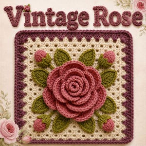 Puede incluir: Un motivo de ganchillo cuadrado que presenta una gran flor tridimensional de color rosa empolvado en el centro, rodeada por cuatro capullos de rosa más pequeños y hojas verdes sobre un fondo crema. El texto "Vintage Rose" está tejido en letras rosa oscuro.