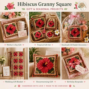 May include: A collection of crochet hibiscus granny squares featuring a 3D red flower center with green leaves and cream borders. The images show the squares used as a blanket, a pillow cover, and decorative accents in gift boxes and baskets.