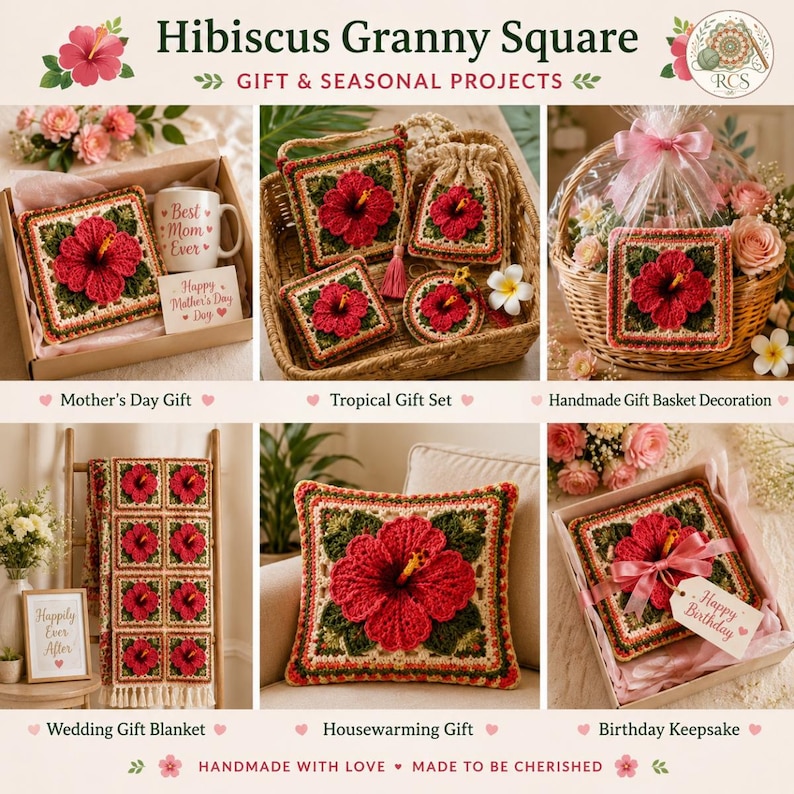 May include: A collection of crochet hibiscus granny squares featuring a 3D red flower center with green leaves and cream borders. The images show the squares used as a blanket, a pillow cover, and decorative accents in gift boxes and baskets.