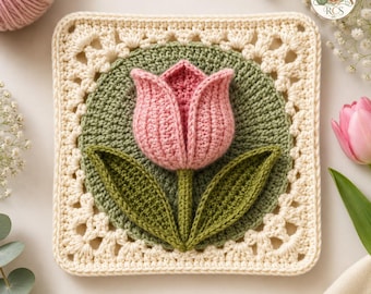 3D Tulip Crochet Square Pattern | Textured Floral Granny Block (PDF Download)