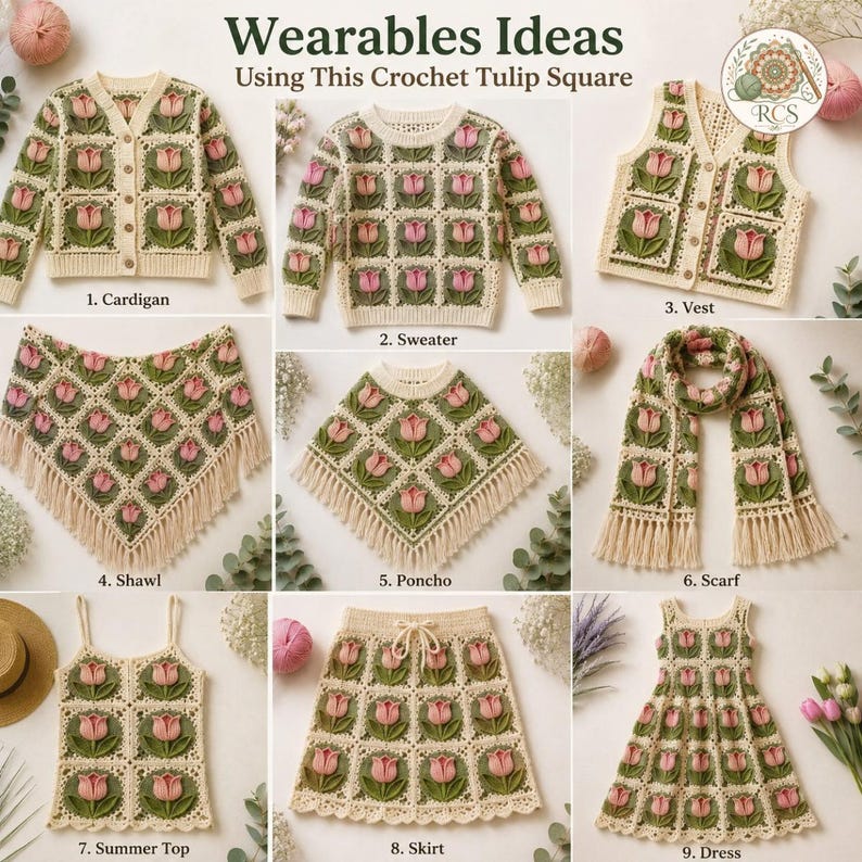 May include: A collection of nine crochet garments featuring a tulip square pattern, labelled Wearables Ideas Using This Crochet Tulip Square. Items include a cardigan, sweater, vest, shawl, poncho, scarf, summer top, skirt, and dress in cream, pink, and green.