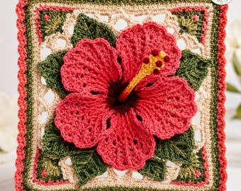 Tropical Hibiscus Granny Square PDF | 3D Crochet Flower Pattern | Instant Download