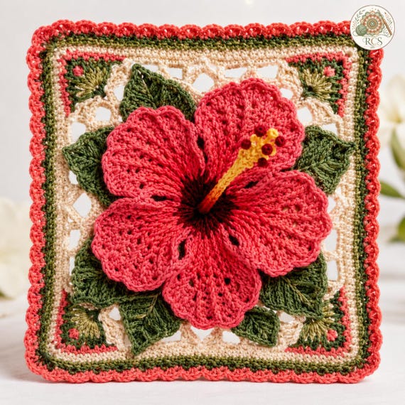 Tropical Hibiscus Granny Square PDF | 3D Crochet Flower Pattern | Instant Download