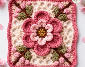 Cherry Blossom 3D Crochet Granny Square Pattern | Floral Afghan Block (PDF Download)