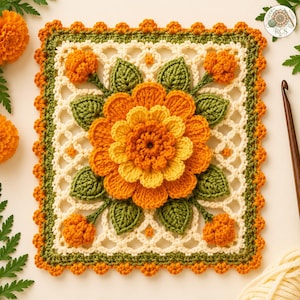 Può includere: Un motivo quadrato all'uncinetto con un grande fiore centrale a strati nei toni del giallo e dell'arancione, circondato da foglie verdi e boccioli arancioni più piccoli. Il design è su uno sfondo a reticolo color crema con un bordo arancione.
