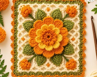 Marigold Blossom Crochet Afghan Square Pattern | 3D Floral Granny Square (PDF Download)