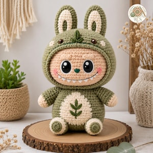 May include: A crochet plush toy featuring a creature with a light peach face, large black eyes, and a wide toothy grin. It wears a sage green hooded onesie with long rabbit-like ears, a small leaf detail on the forehead, and a leaf motif on the belly.