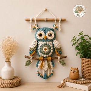 Patrón de tapiz de pared de ganchillo con forma de búho estilo bohemio – Tapiz inspirado en el macramé (Descarga en PDF)