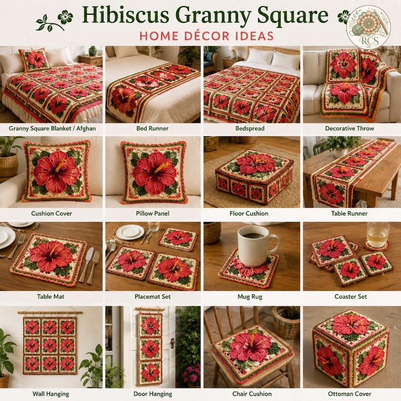 May include: A collage of crochet projects featuring a hibiscus granny square motif in red, green, and cream. The images display various home decor items including blankets, bed runners, cushions, table runners, placemats, coasters, and wall hangings.