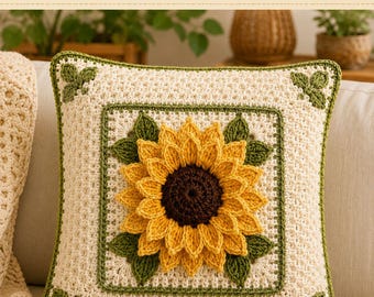 Crochet Sunflower Cushion Cover Pattern | 3D Granny Square Pillow (PDF Download)