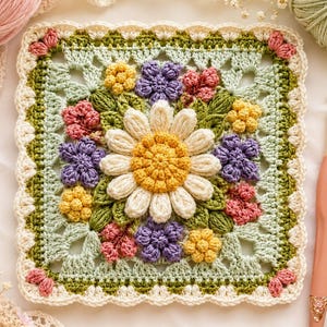May include: A square crochet motif featuring a large central white daisy with a yellow centre, surrounded by smaller purple, pink, and yellow flowers and green leaves on a light green background, finished with a scalloped cream-coloured border.