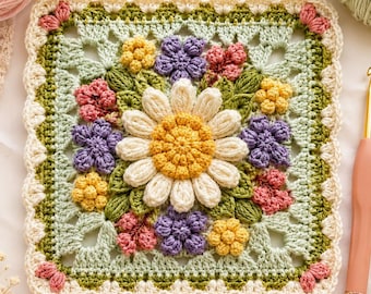 Wildflower Granny Square Crochet Pattern | 3D Daisy Floral Motif (PDF Download)