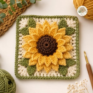 Modèle de carré au crochet 3D tournesol style grand-mère | Motif floral texturé (Téléchargement PDF)