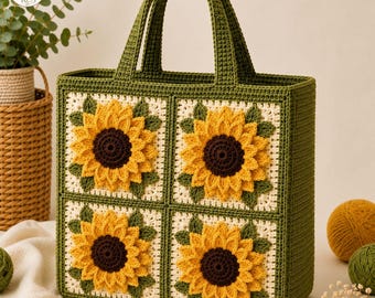 Sunflower Crochet Tote Bag Pattern, 3D Granny Square Market Bag (PDF Download)