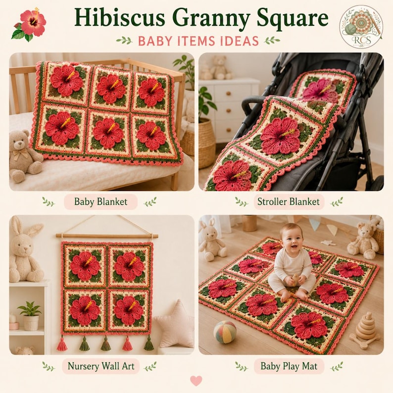 May include: A crochet hibiscus granny square pattern displayed as a baby blanket, stroller blanket, nursery wall art, and baby play mat. The design features red hibiscus flowers with yellow centers on green and cream square motifs with scalloped edges.