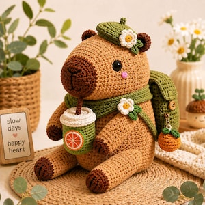 Può includere: Un peluche di capibara all'uncinetto color marrone chiaro con zampe e naso marrone scuro. Indossa un basco verde con una margherita bianca, una sciarpa verde e uno zaino verde con un piccolo ciondolo a forma di arancia. Tiene un bicchiere verde.